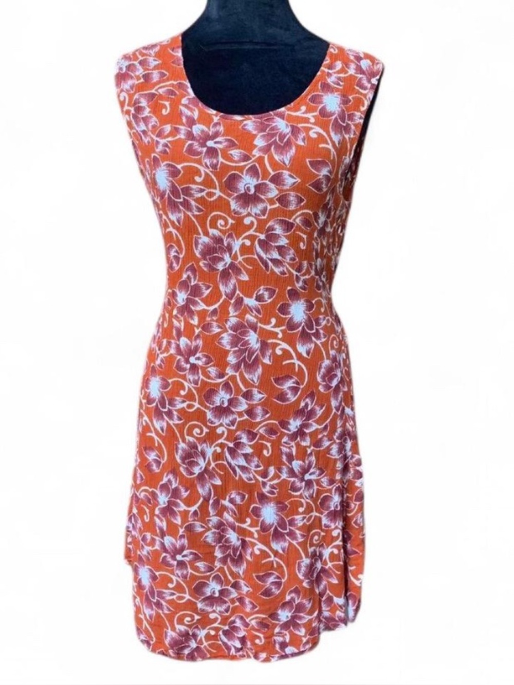 Retro Tropical Coastal Burnt Orange and Burgundy Floral Sleeveless Dress